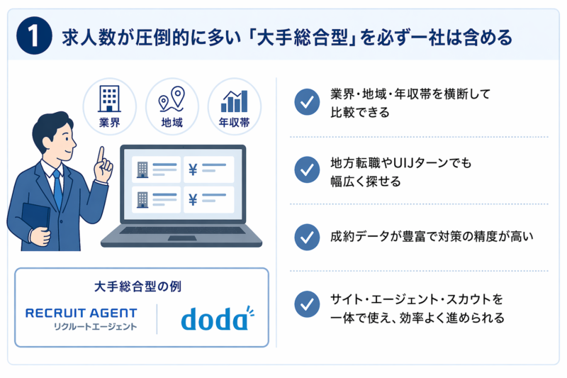 求人数が圧倒的に多い「大手総合型」を必ず一社は含める